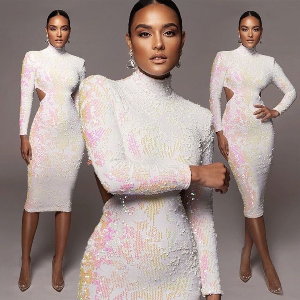 JLUXLABEL Iridescent White Long Sleeve Dress NWOT